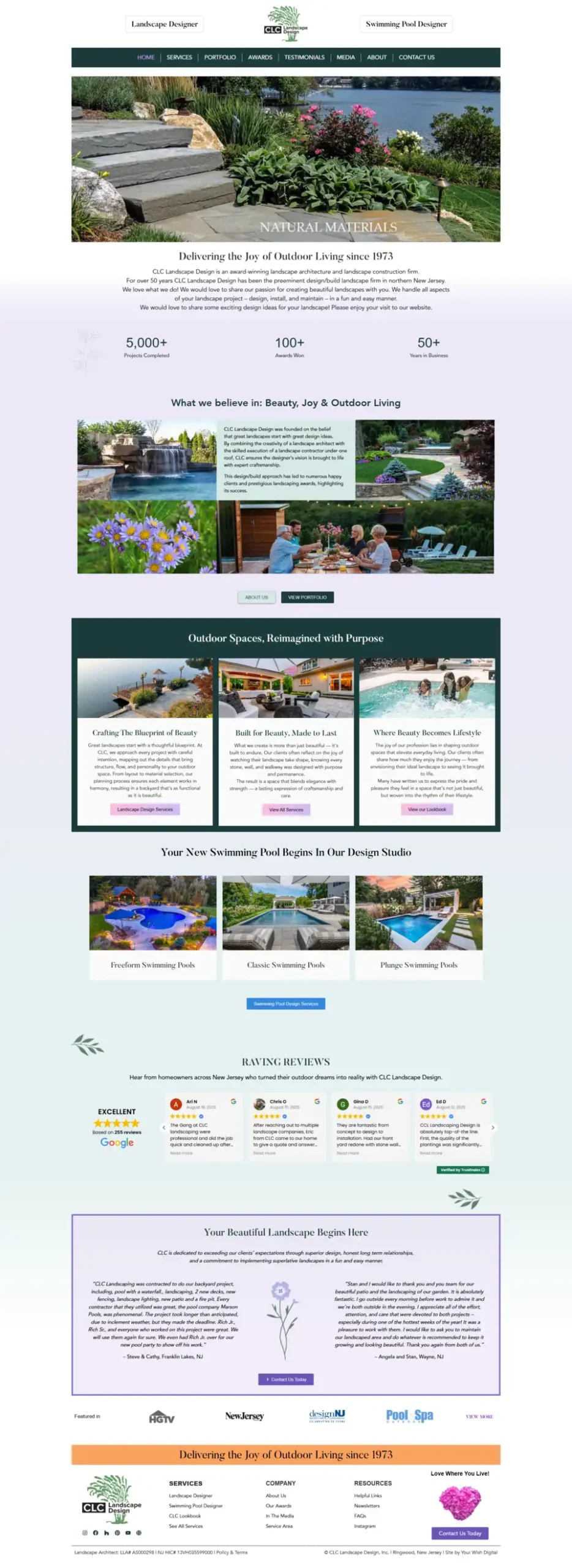 CLC Landscape Design homepage rebuilt on WordPress, showing outdoor living sections, swimming pool design studio, and client reviews