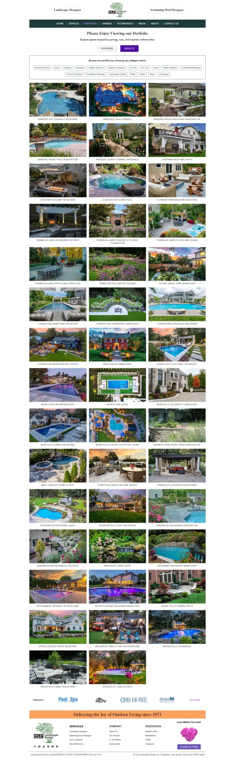 CLC Landscape Design projects page with category filters for swimming pools, patios, pergolas, fire pits, and plantings