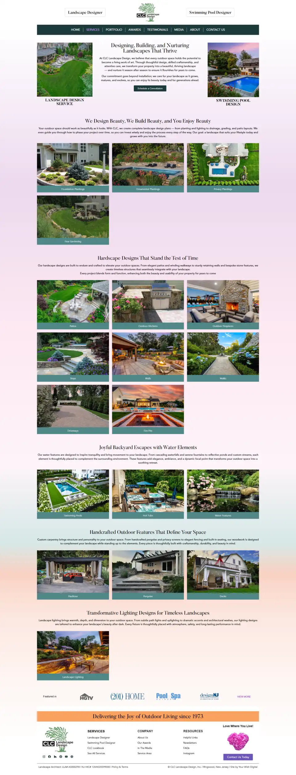 CLC Landscape Design services page covering plantings, hardscape design, water features, and outdoor lighting in New Jersey