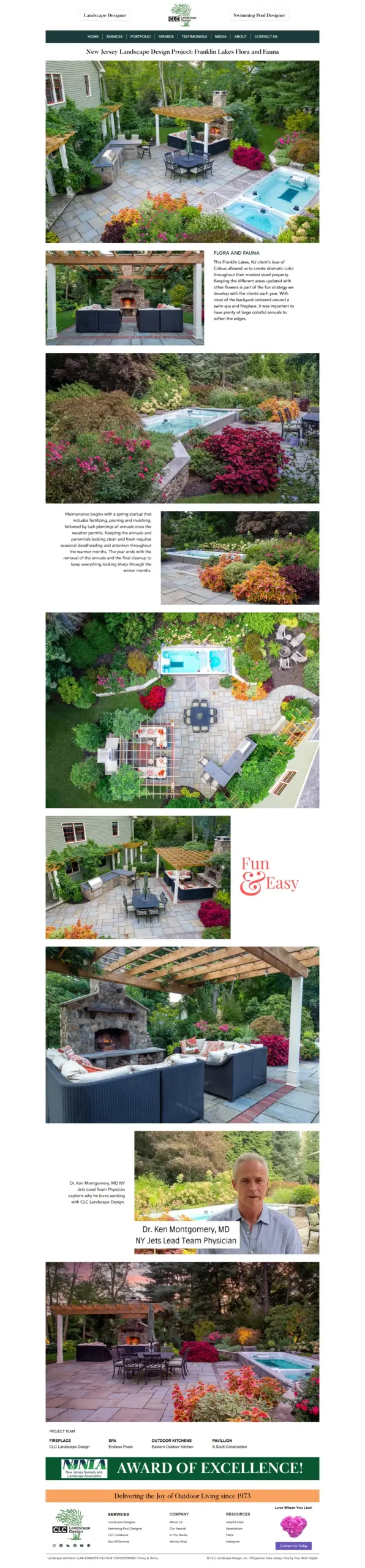CLC Landscape Design single project page for Franklin Lakes Flora and Fauna, with photography, project story, and linked services