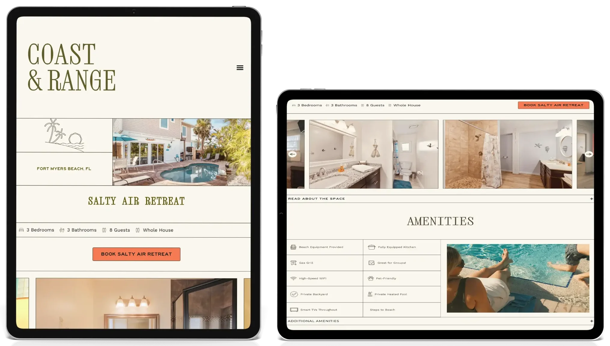 Coast and Range Vacations direct booking website shown on an iPad, designed by Your Wish Digital