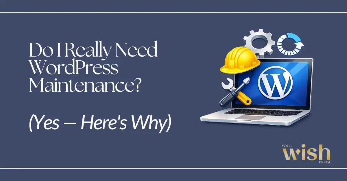 Banner about WordPress maintenance featuring a laptop with the WordPress logo, maintenance tools, and security icons promoting website upkeep.