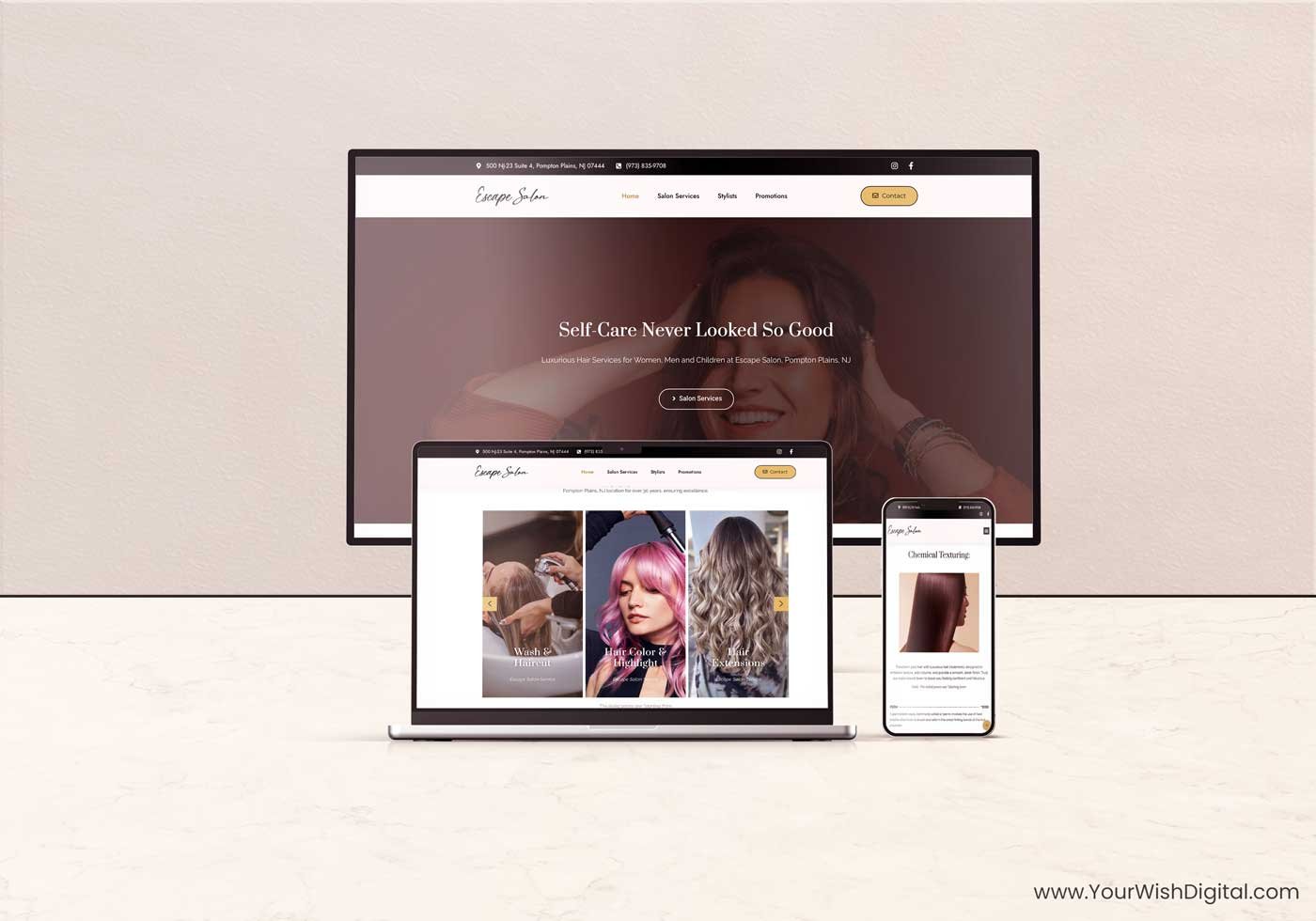 Homepage mockup of Escape Salon 23 website designed by Your Wish Digital with strong service highlights and booking access.