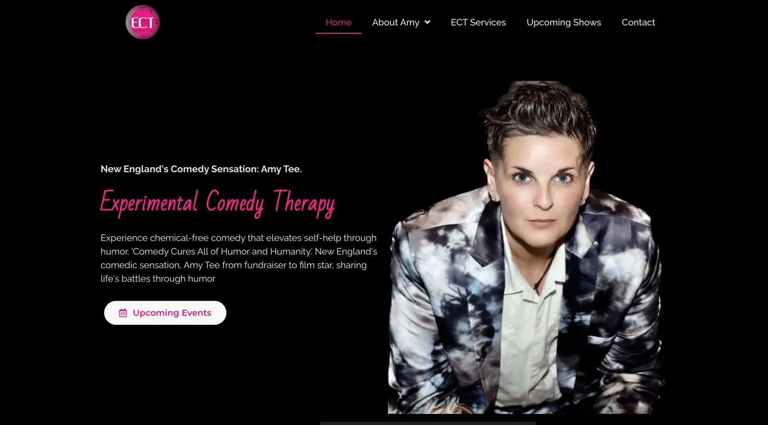 Showcase layout for comedian Amy Tee featuring bold visuals and clear navigation designed by Your Wish Digital.