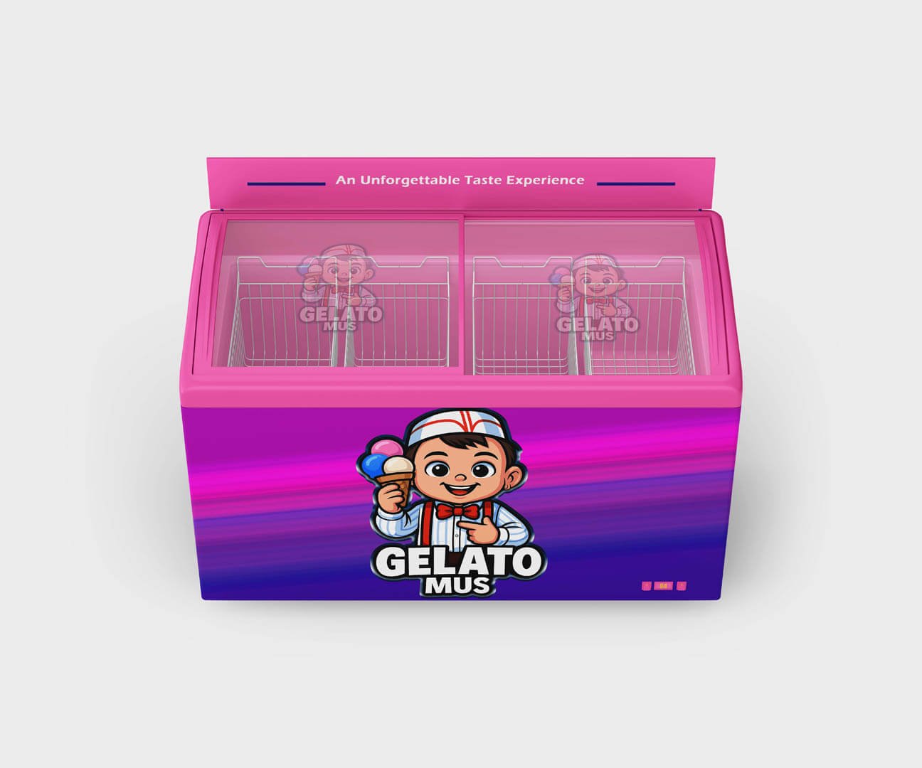 Custom freezer branding for Gelato Mus designed by Your Wish Digital, featuring artisan gelato graphics and cohesive brand colors.