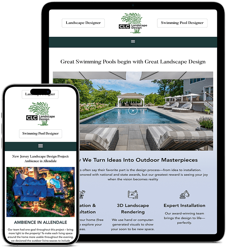 Responsive website for CLC Landscape Design displayed on iPad and phone, designed by Your Wish Digital in Ringwood, New Jersey. Title Tag: