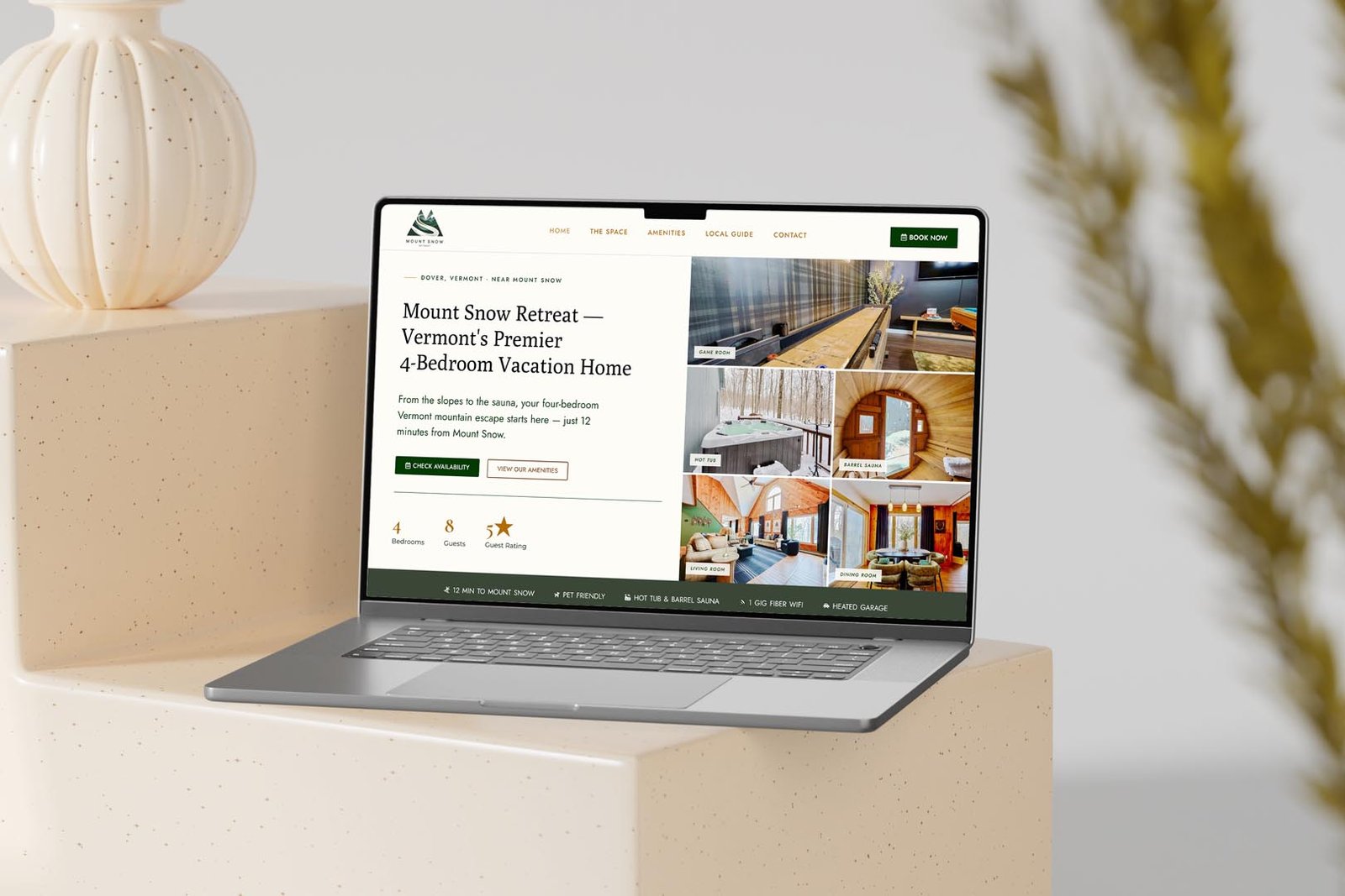 Mount Snow Retreat vacation rental website designed by Your Wish Digital, shown on a laptop