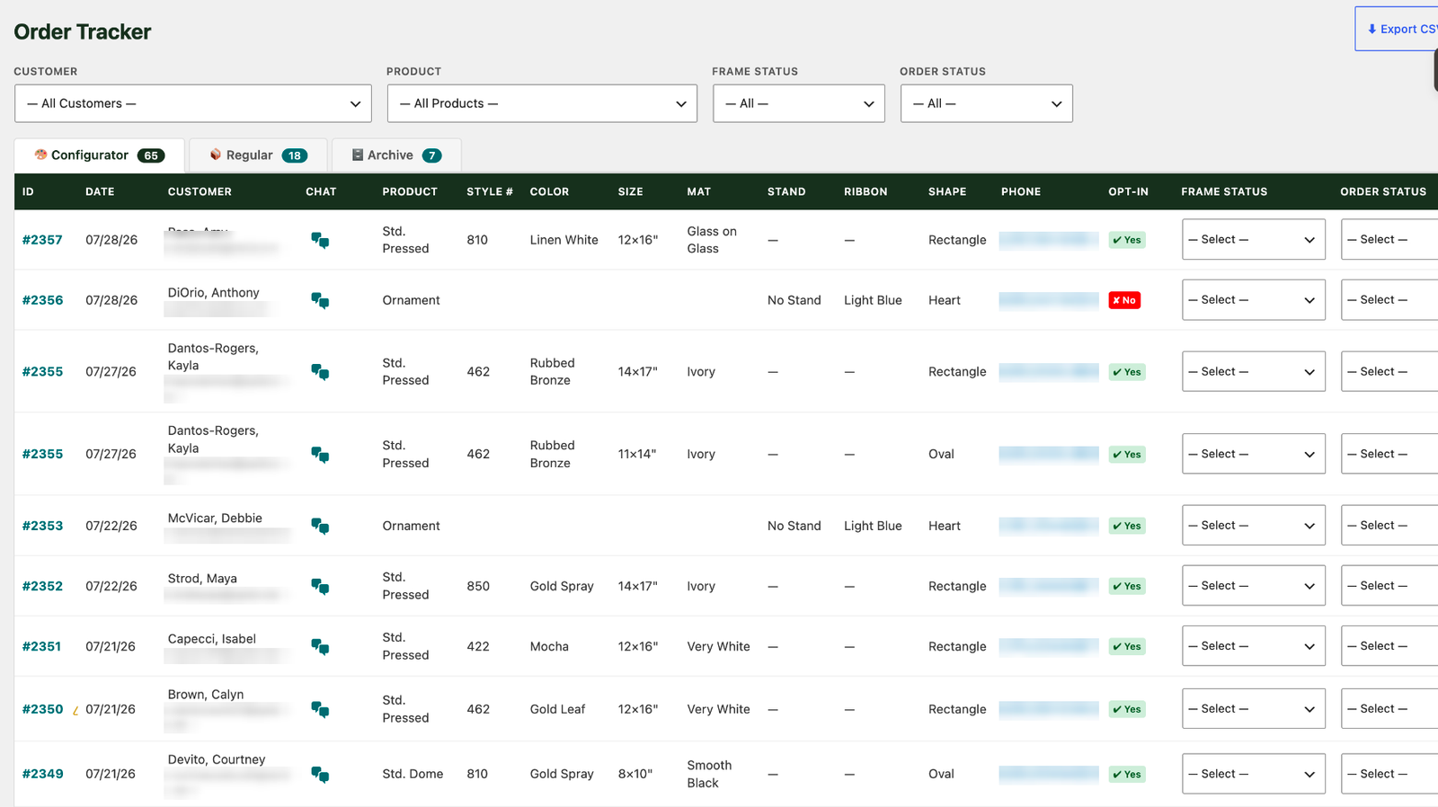 Custom WooCommerce order tracker dashboard listing configurator orders with product options, frame status, per-order chat, and SMS opt-in for a made-to-order floral preservation studio