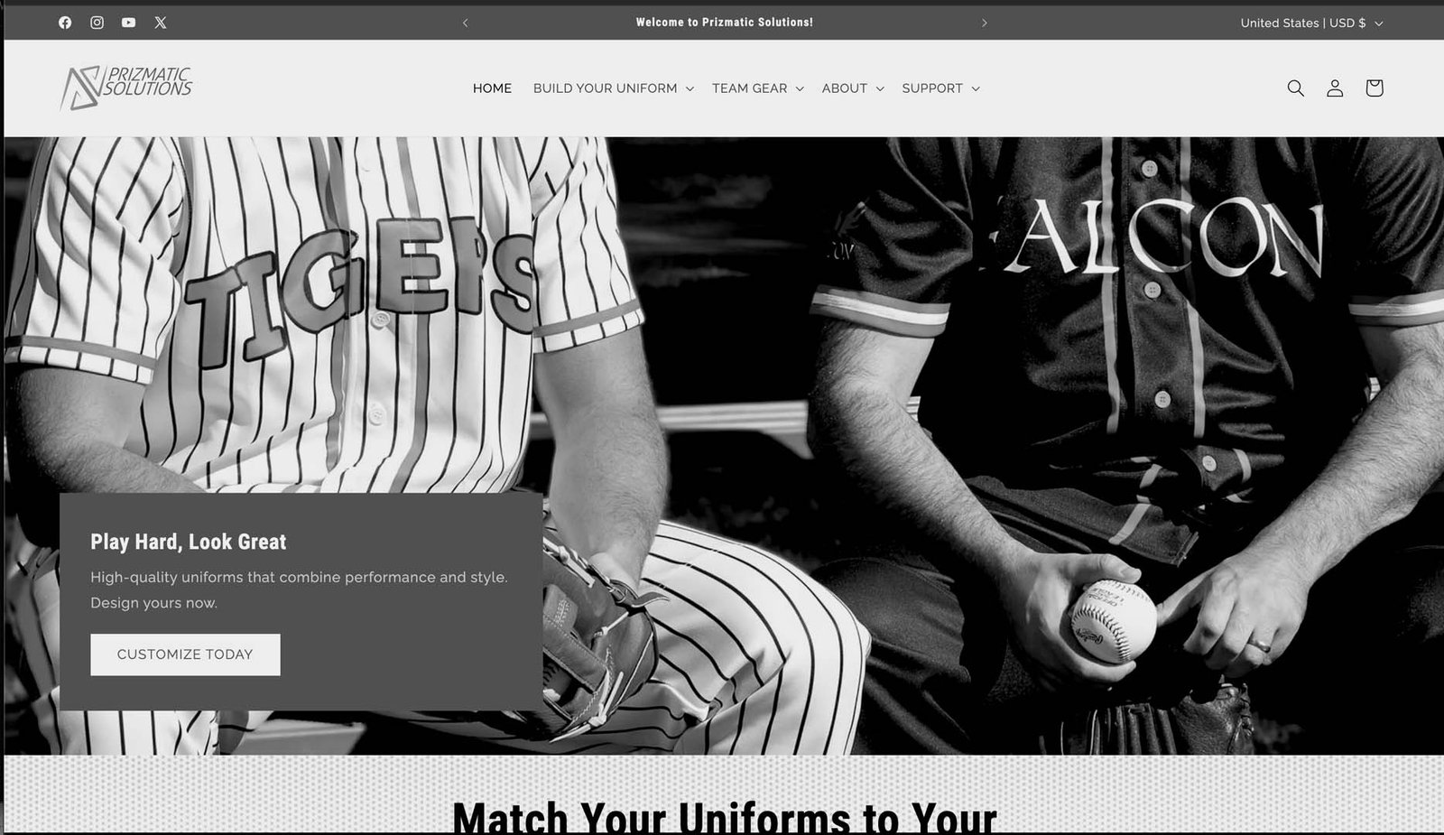 Prizmatic Solutions Shopify store homepage before redesign by Your Wish Digital, showing the original layout and site structure prior to UX improvements.
