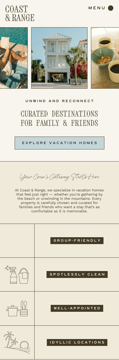 Coast & Range Vacations direct booking website homepage, showing coastal and mountain vacation rental collections