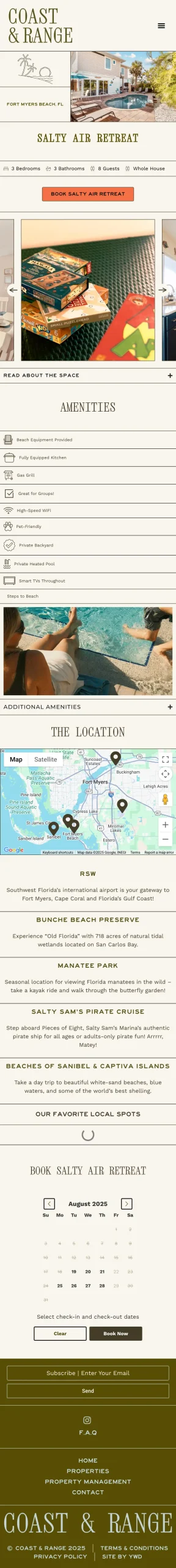 Vacation rental property page on the Coast & Range Vacations website with photography, amenities and live availability