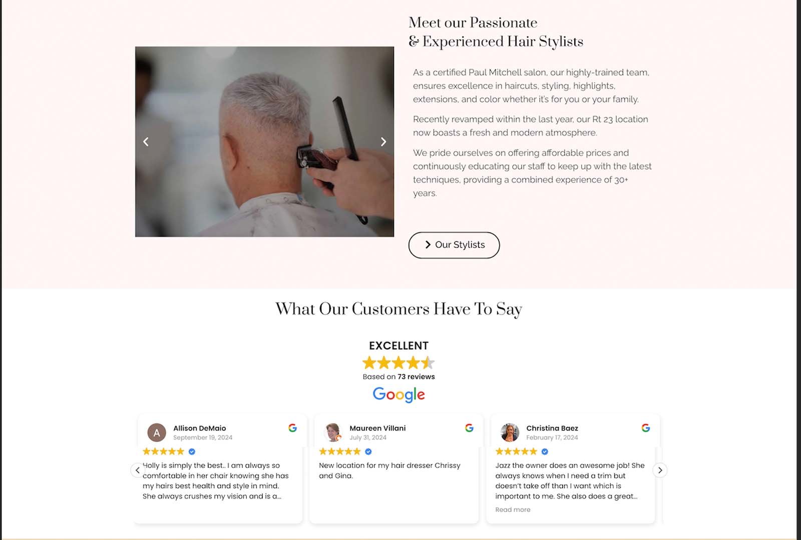 Website preview of Escape Salon 23 highlighting beauty-service experience through emotion-focused visuals.