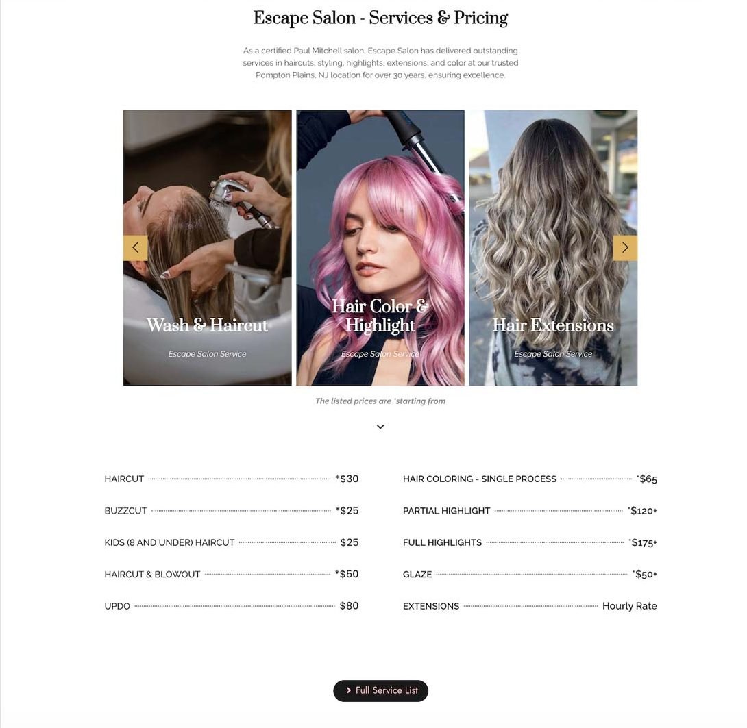 Escape Salon 23 Services page designed by Your Wish Digital, displaying haircuts, color services, balayage, and booking options for clients in Wayne, NJ.
