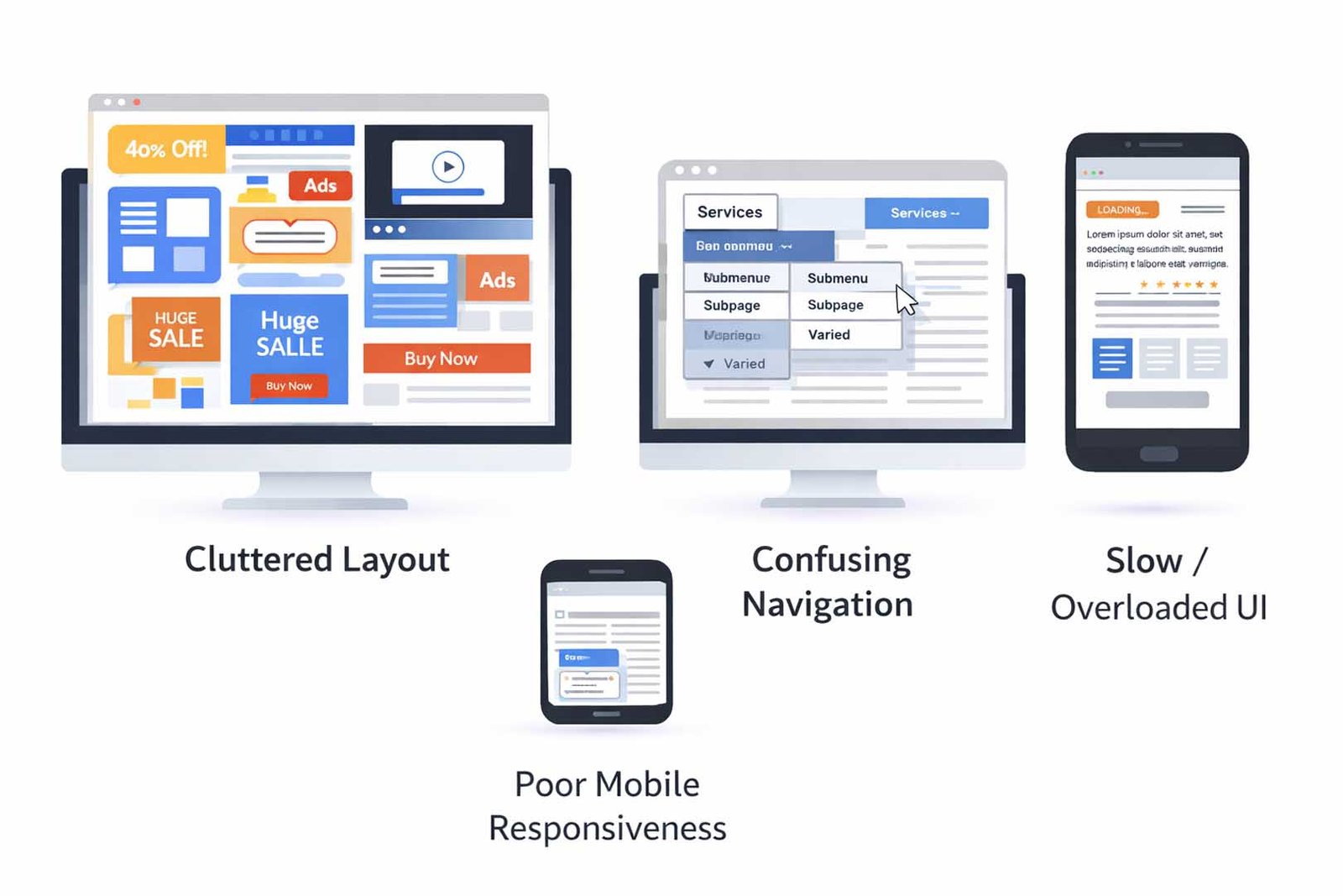 Service business website with cluttered design and unclear services, showing why these sites fail to convert visitors into leads
